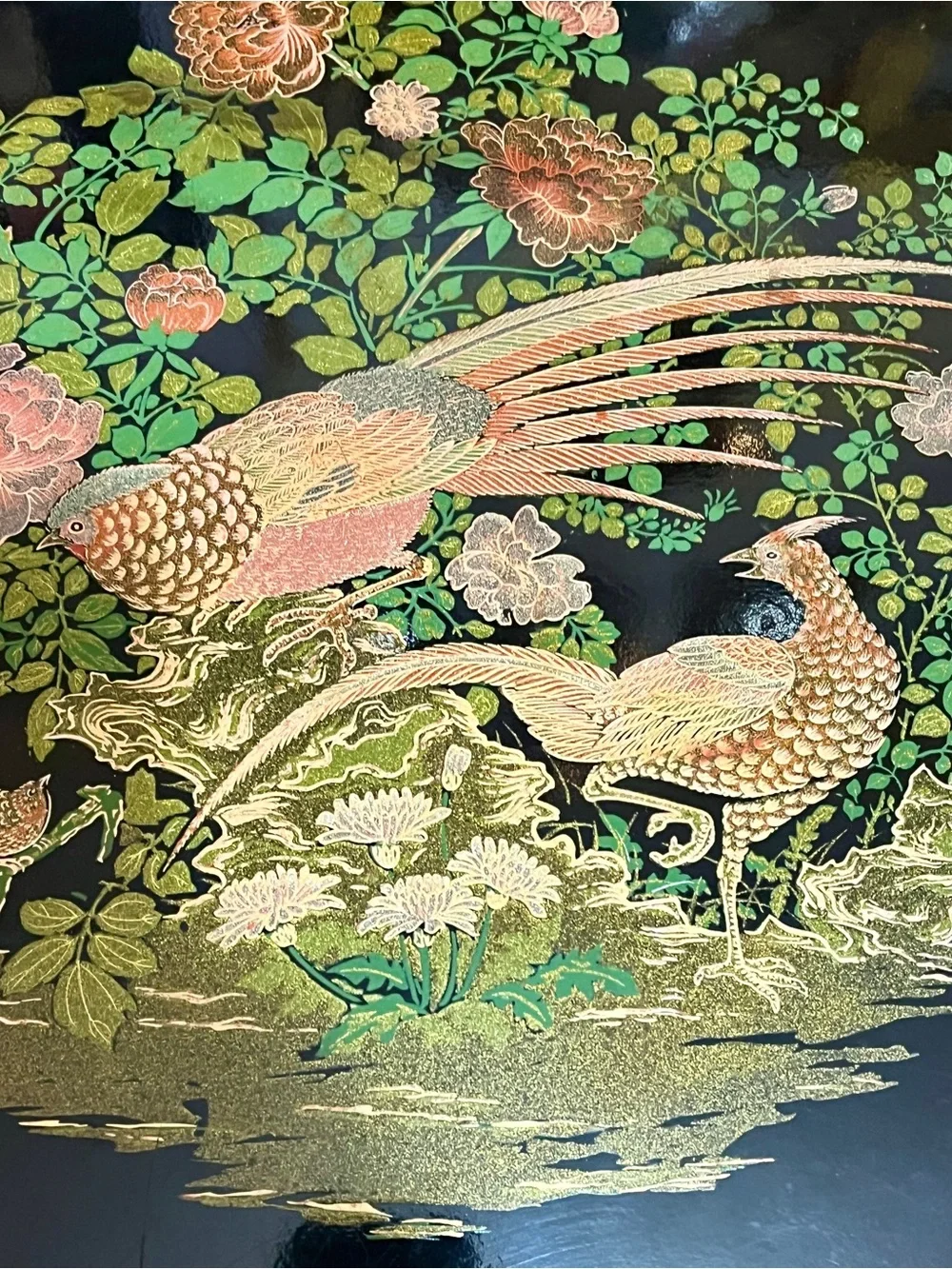 Vintage Japanese Black Lacquer Serving Tray – Peacock & Floral Design – 14” – Ma